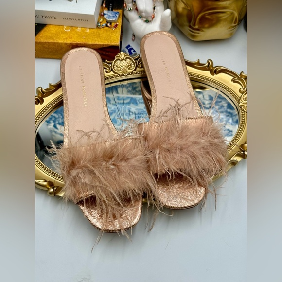 🆕 LOEFFLER RANDALL 🧿 NWOB Lilly Crinkle Metallic Slide Sandal With Feather Pom - Picture 3 of 16